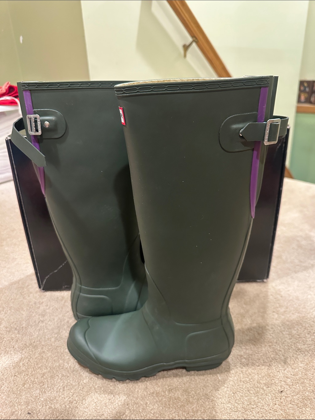 Hunter Tall Dark Green Rain Boots With Purple Accent